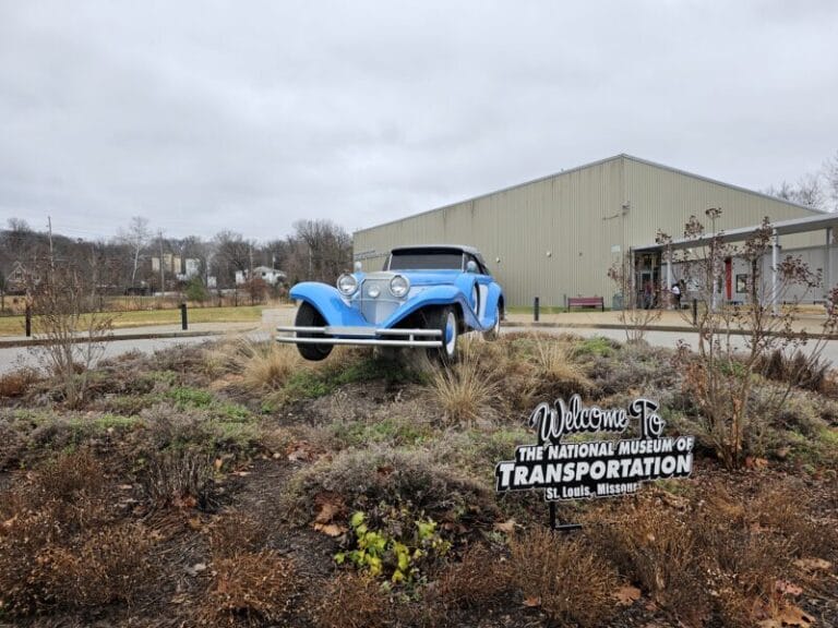 Blue Antique Car and Building at National Museum of Transportation in St Louis, Missouri